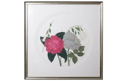 Framed artwork with pink and gray flowers on a white background