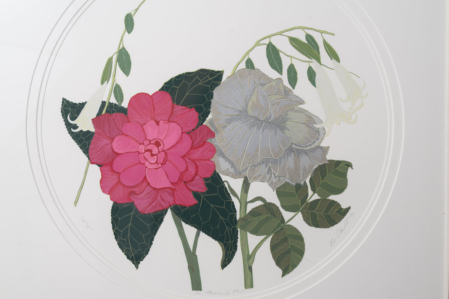 Decorative floral design with pink, gray, and white flowers on a white background