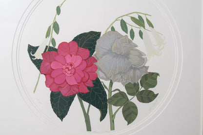 Decorative floral design with pink, gray, and white flowers on a white background