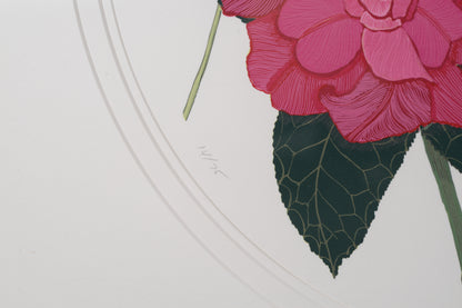 Close-up of a pink flower with green leaves on a light gray background