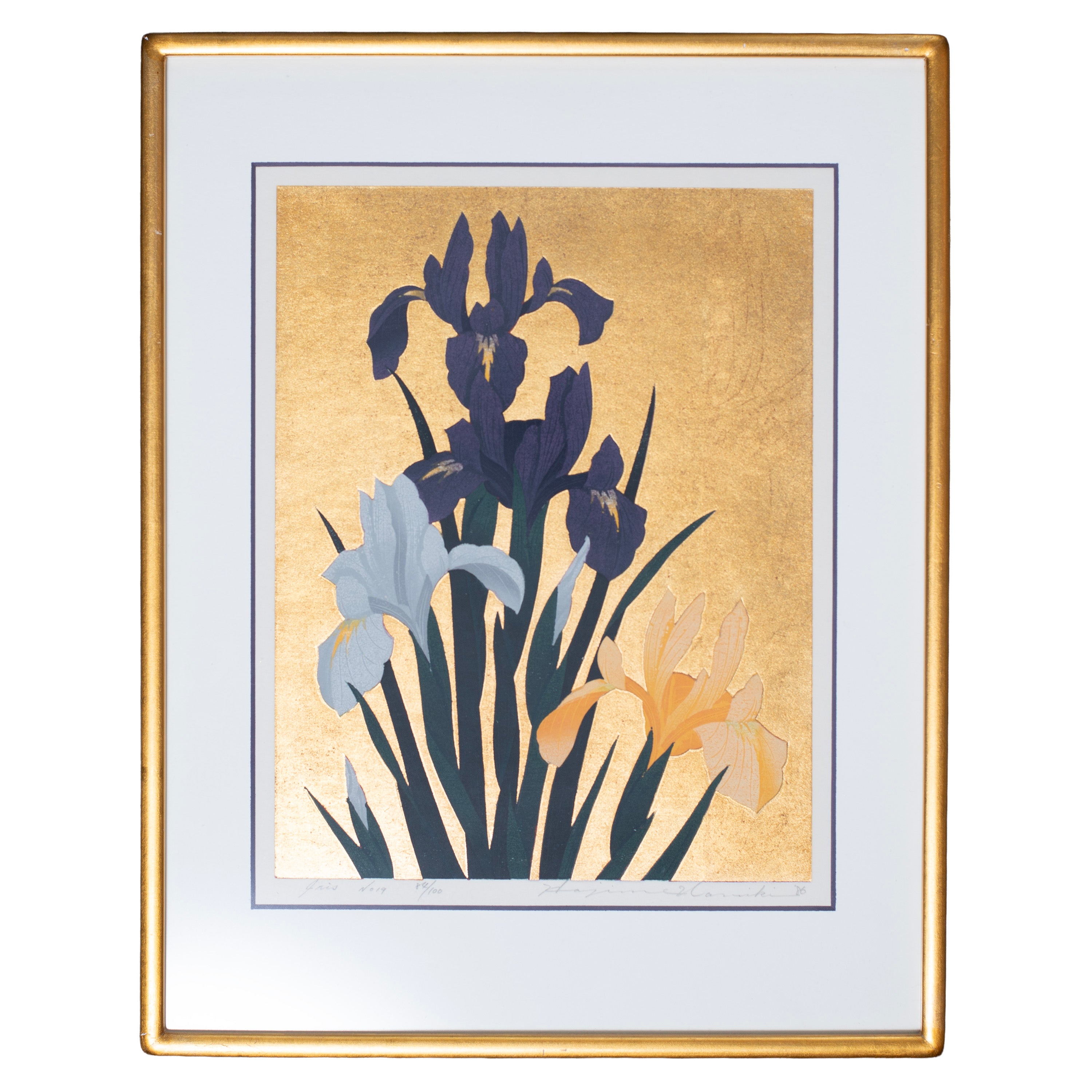 Namiki Hajime White White, Purple, and Yellow Irises Woodcut Print